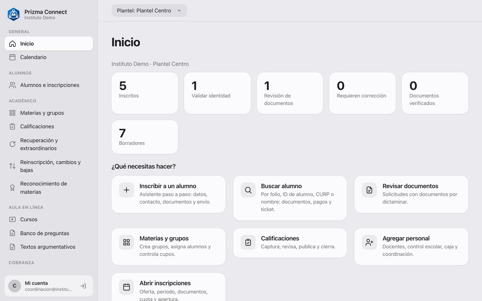 Pantalla de inicio del panel de Prizma Connect: menú de módulos, indicadores de inscripción y acciones rápidas
